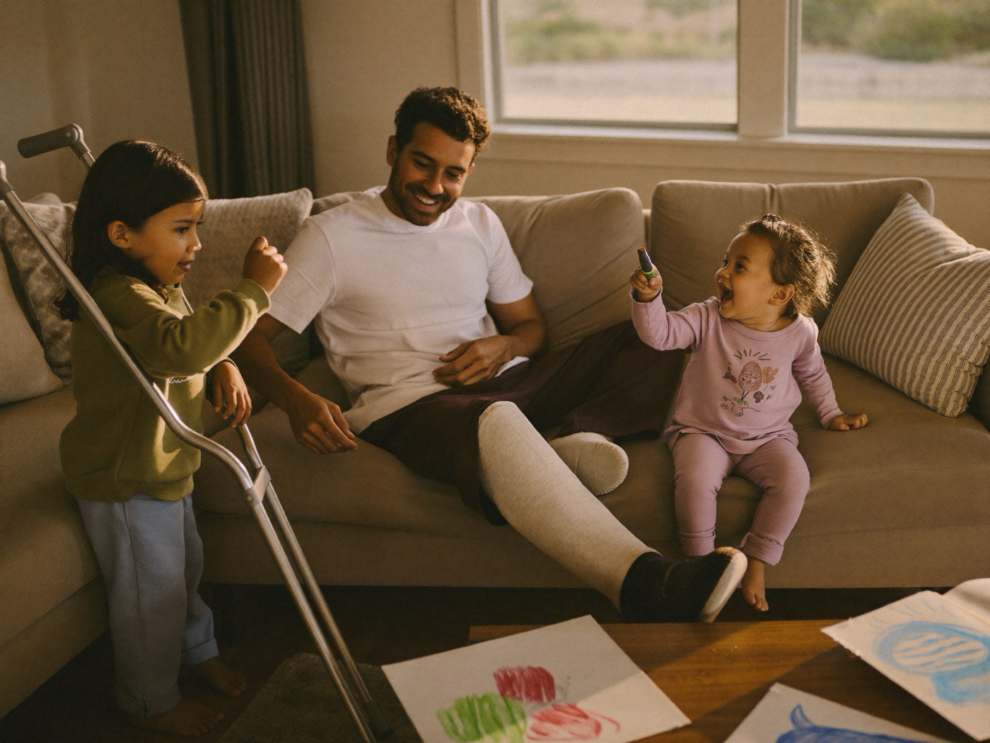 Padre con la pierna enyesada riendo con sus hijos en el sofá de casa