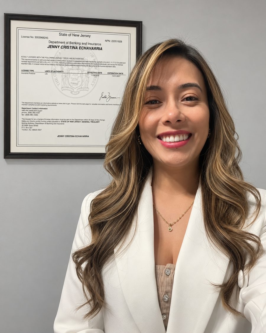Jenny Echavarria P., agente de seguros de vida licenciada, junto a su licencia del estado de New Jersey
